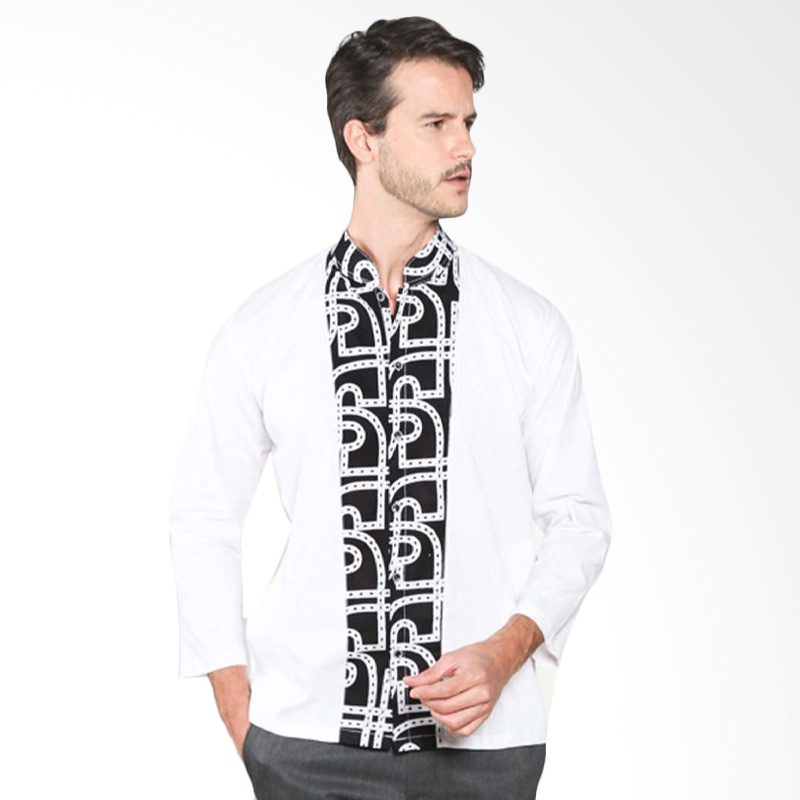 Batik Distro K7898 Pola Tengah Panjang Kemeja Pria - Putih