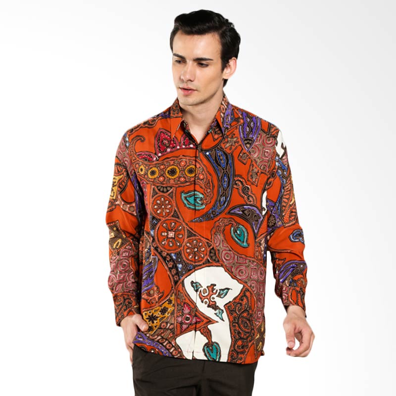 Batik Waskito Long Sleeve Silk Shirt KB 10476 Orange Kemeja Batik Pria