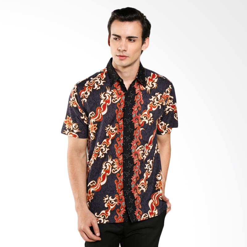 Batik Waskito Short Sleeve Cotton Shirt HB 28005 Black Kemeja Batik Pria