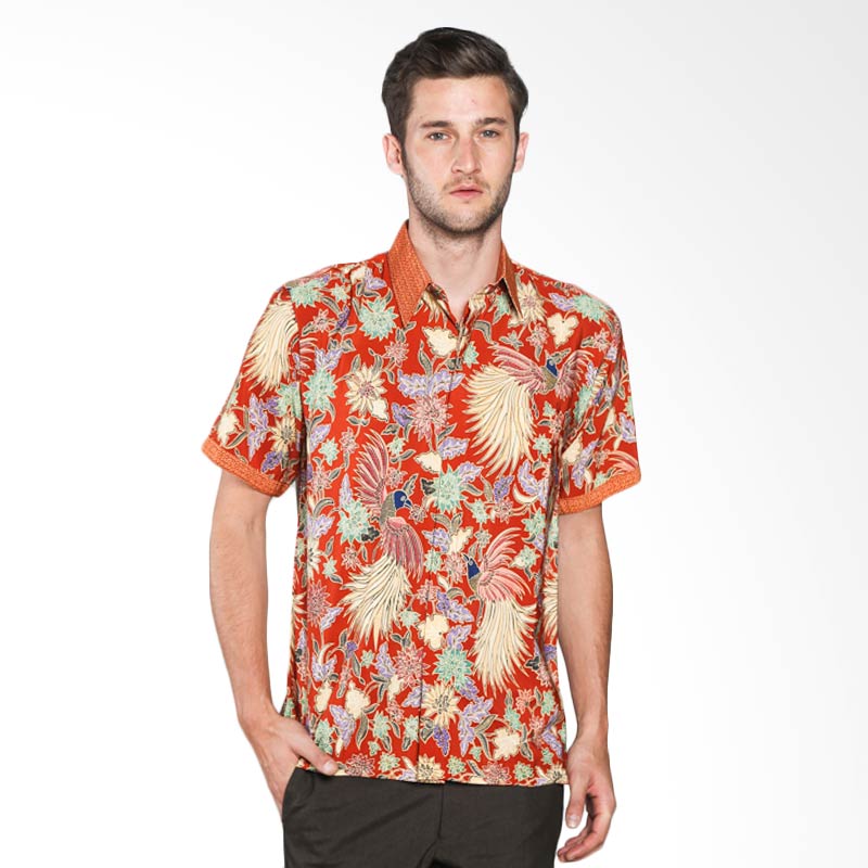Batik Waskito Short Sleeve Silk Shirt HB 10525 Baju Batik Pria - Orange