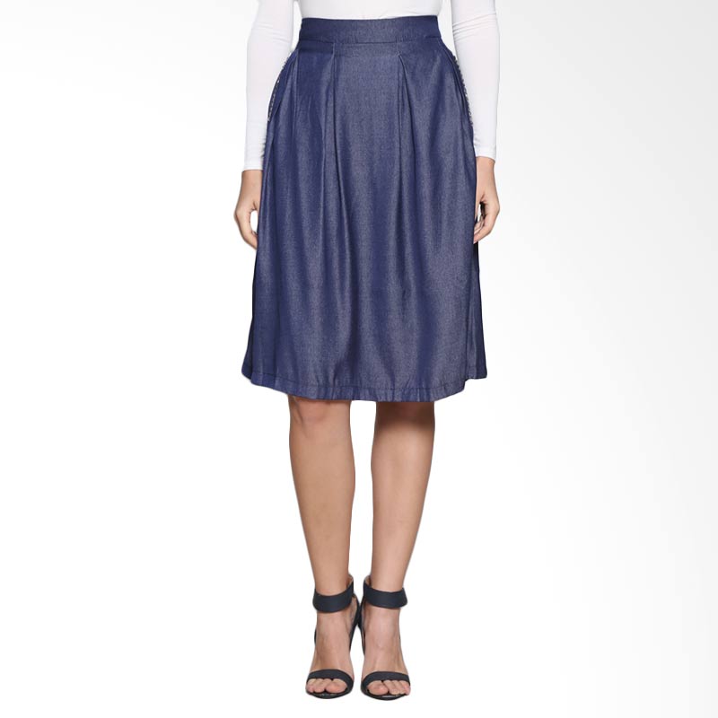Beyounique HL14 301 Flare Skirt With Stud Accessory Rok Wanita - Blue Denim