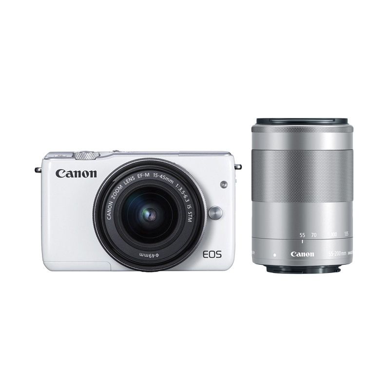 Canon EOS M10 Kit 15-45mm IS STM + Canon 55-200mm IS STM Kamera Mirrorless - White + Free LCD Screen Guard + Boneka Pikachu