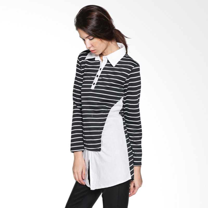 Carte Long Stripes Shirt Atasan Wanita - Black White