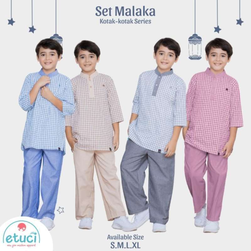 Promo Baju Koko Anak Laki Laki Setelan Muslim Set Malaka Kotak Kotak