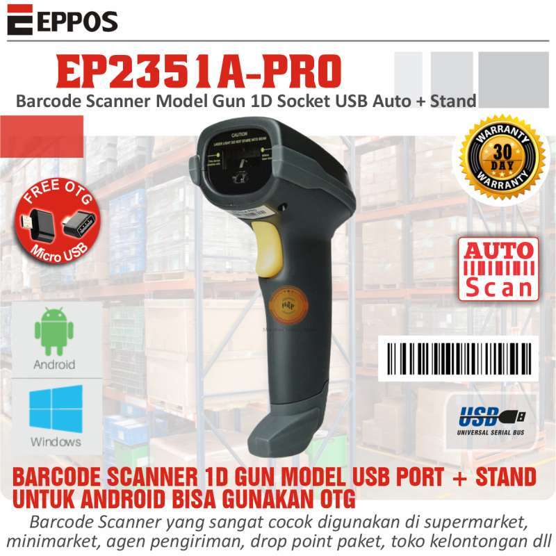 Jual Free Otg Barcode Scanner Eppos 1d Ep2351a-pro Usb Auto Scan ...