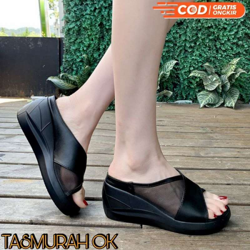 Jual SANDAL WEDGES WANITA HAK TINGGI POLOS HITAM PUTIH IMPORT ANTI