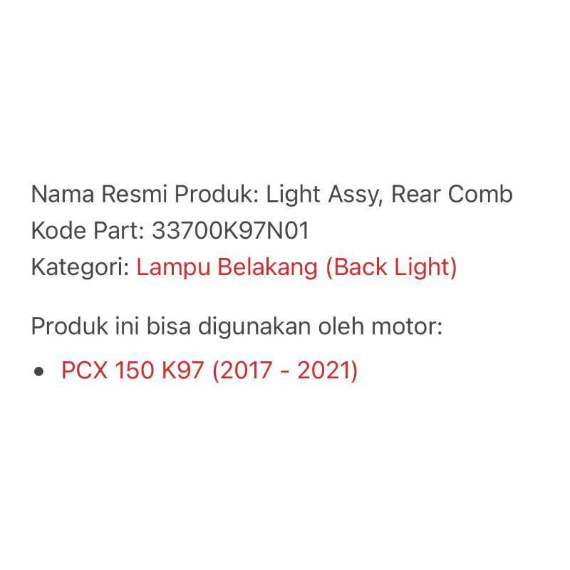 Jual Lampu Stop Komplit Light Assy Rear Comb Pcx150 33700-k97-n01 Honda ...