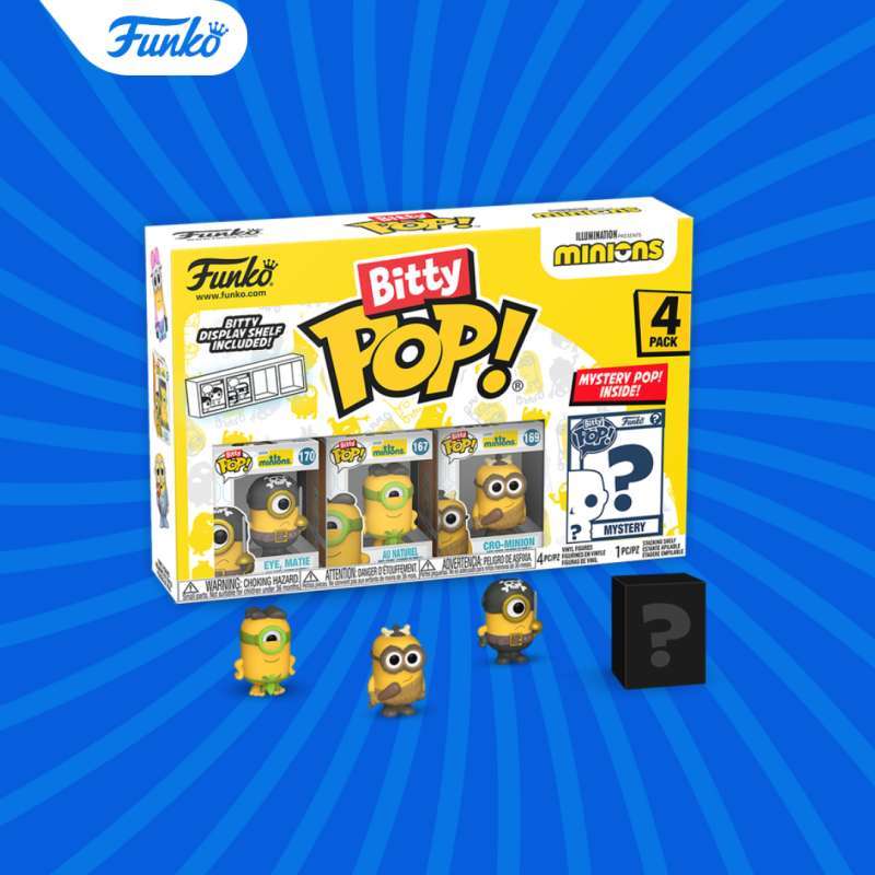 Funko Bitty Pop! Minions – Pack 4 Figurines 2,2 Cm – Eye, Matie, Cro-Minion, Au Naturel + 1 Mystère – Étagère Empilable Incluse