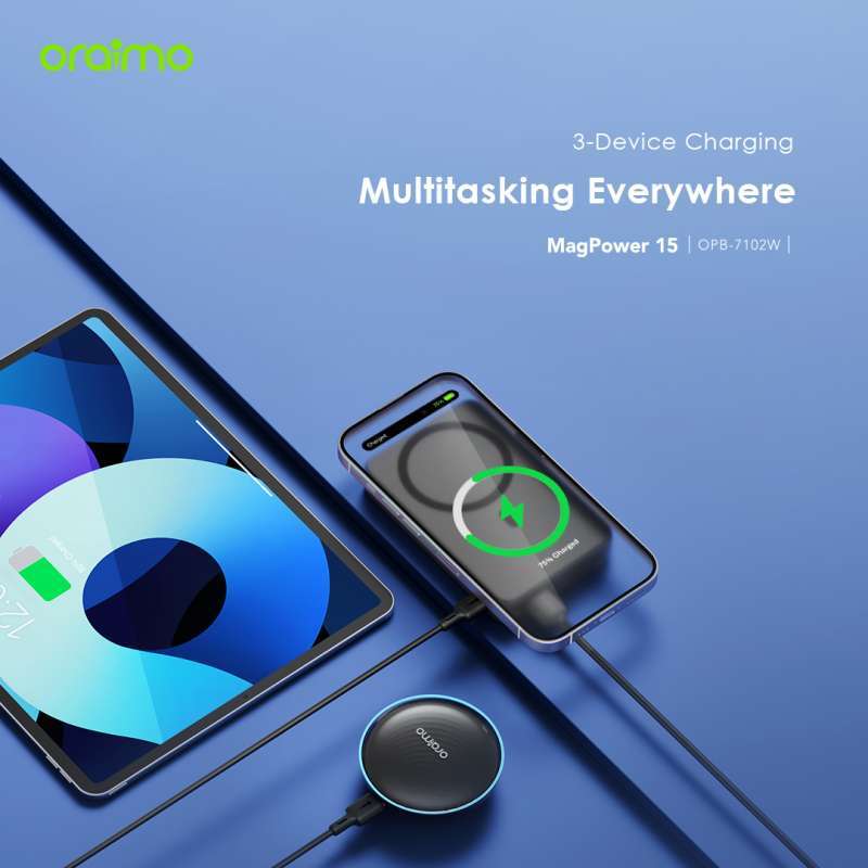 oraimo Powerbank Magsafe Wireless Charging OPB-7102W Kapasitas Nyata 10000  mAH Nirkabel Fast Charging With Phone Stand Dual Output Port USB