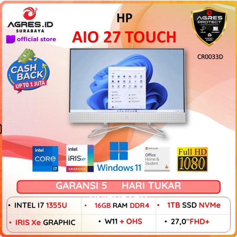 PC Desktop Hp AIO 27 CR0033D TOUCH INTEL CORE I7 1355U RAM 16gb SSD 1tb  IRISXE Windows 11 Office Home Student HD IPS