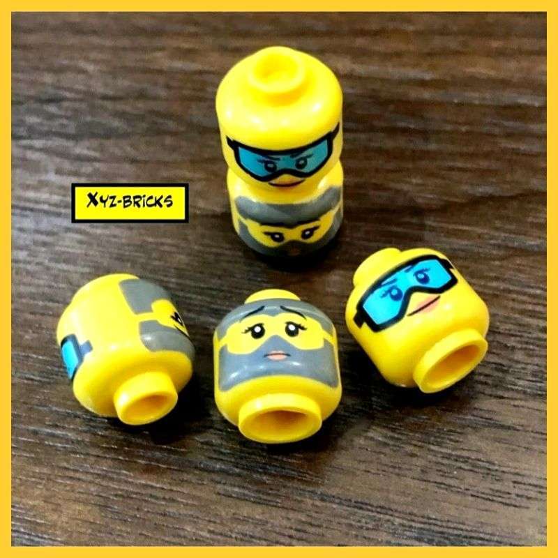 LEGO PARTS 6267989 Head Yellow Dual Sided Female Dark Blue Eyebrows  Eyelashes Black Ski Goggles Grin Small Sad Frown Pattern 2931 -Rocket  Engineer