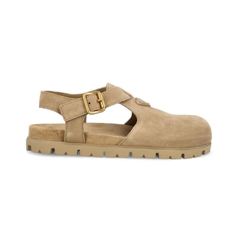 Prada Triangle Logo Sandal Mules Suede Beige