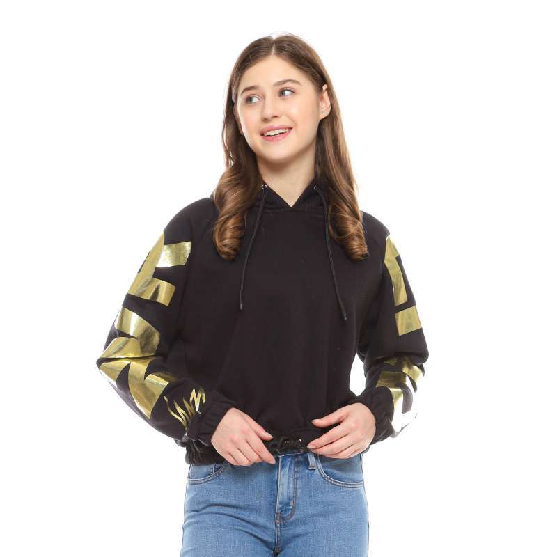 Promo Hoodie Sweater Crop Oversize Reglan Katun Cewek Wanita Hitam