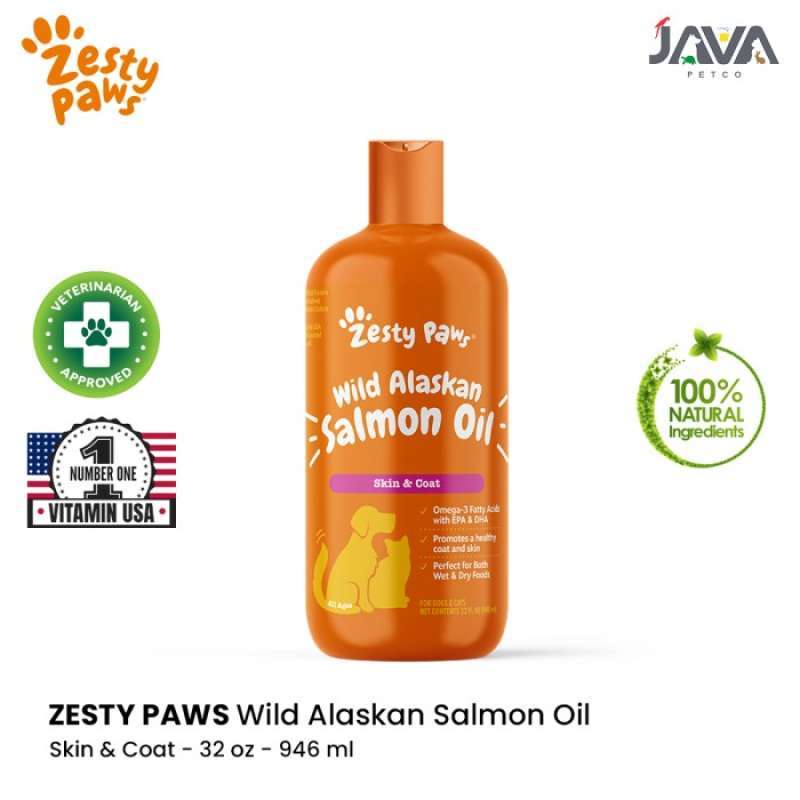 Zesty Paws Pure Wild Alaska Salmon Oil Vitamin Omega Anjing 946 ml