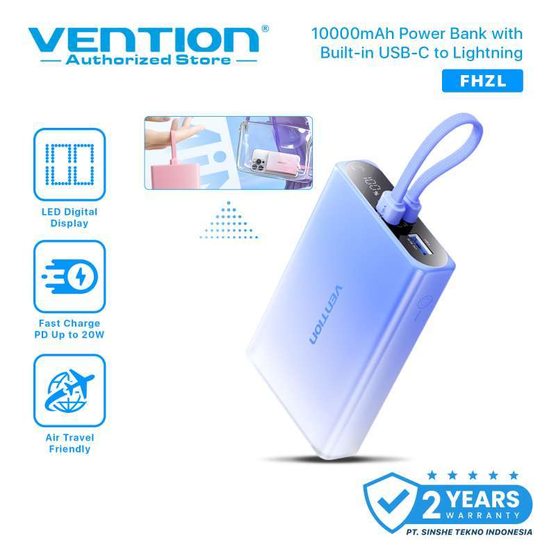 Vention Powerbank 10000mAh Kabel Built in Cable USB C to Lightning Fast  Charging iPhone Android