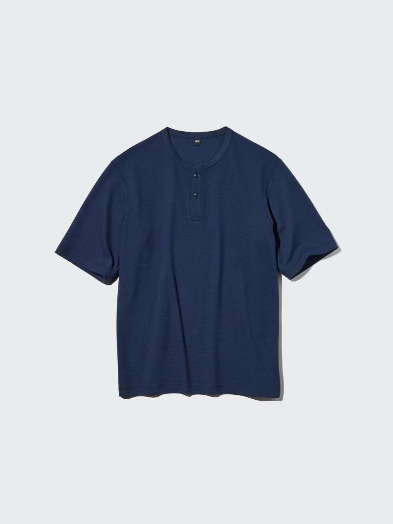 UNIQLO T-Shirt Pria Dry Waffle Kerah Henley Neck lengan pendek NAVY