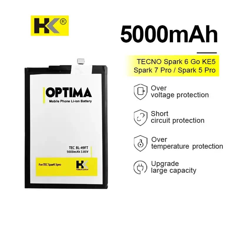 HK Optima Baterai Tecno Spark Go KE5 Tecno Spark Pro Tecno Spark  Pro BL-49FT 5000 mAh Double IC