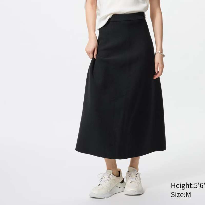 UNIQLO Rok Wanita Washable Milano Rib Flare Matching Set Ribbed Skirt Black