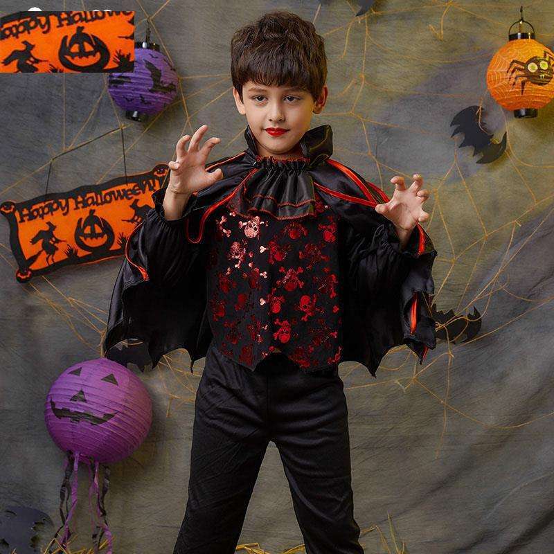 H204 Kostum Cosplay Couple Halloween Anak Laki Jas Dracula Brokat Hitam  Merah Dress Vampir Anak Perempuan usia 4-10 tahun
