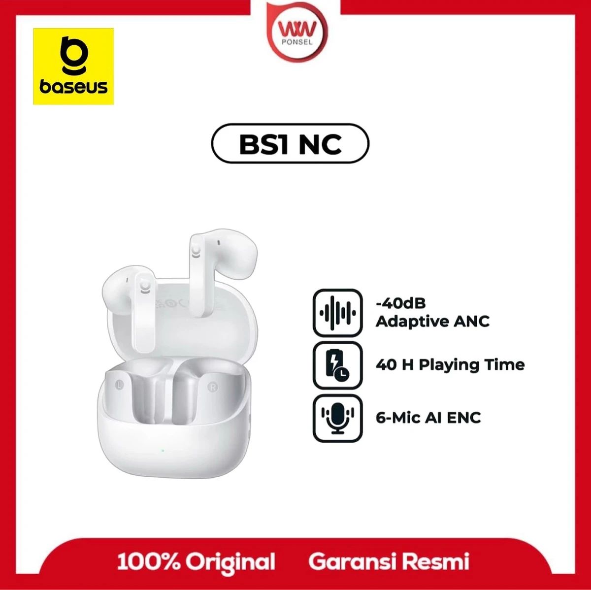Baseus BS1 NC Cuffie Bluetooth Semi In Ear, Auricolari Bluetooth 6.0 Cancellazione Rumore, Cuffie In Ear Con ANC, Driver 13 Mm, Cuffiette Bluetooth Con Hi-Res & LDAC, 6-Mic AI, IP55, 40 Ore