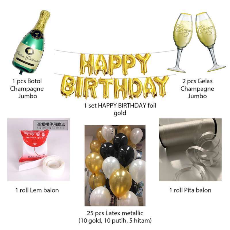 Promo [paket] Birthday Set Champagne Black Gold Dekorasi Backdrop