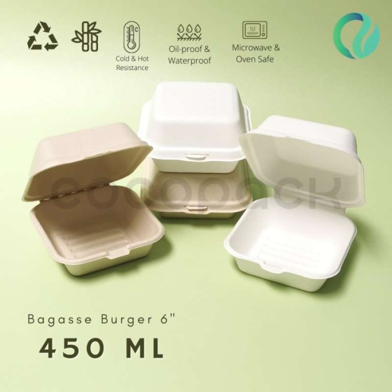 Jual Populer Bagasse Clamshell 6 Inch Burger Box 450ml Natural Brown ...