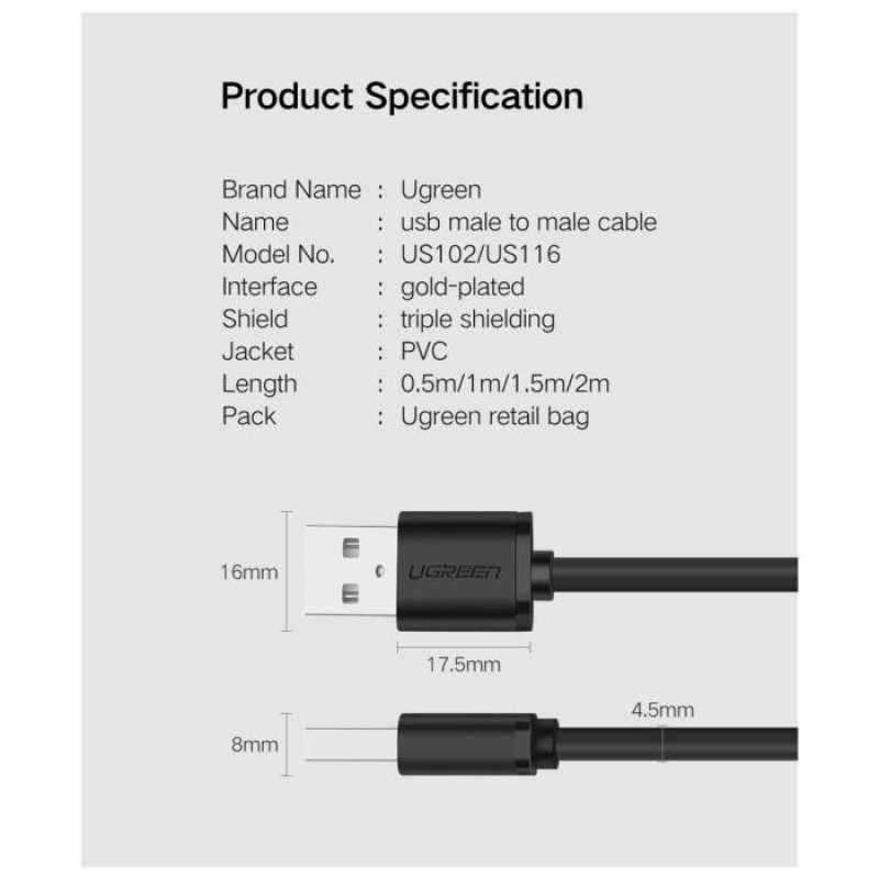UGREEN Kabel Data USB A Male - USB A 2.0 Male 2m - Black US102 10311