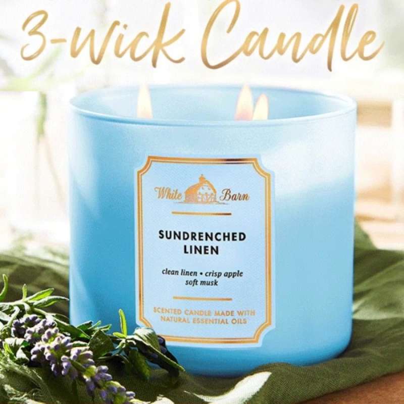 Promo Bath And Body Works Sun Drenched Linen 3 Wick Scented Candle 411