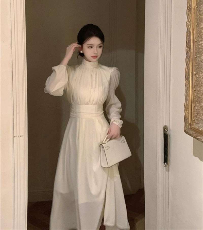 Pretty Beautiful Korean Long Gown Beige Dress Long Sleeve