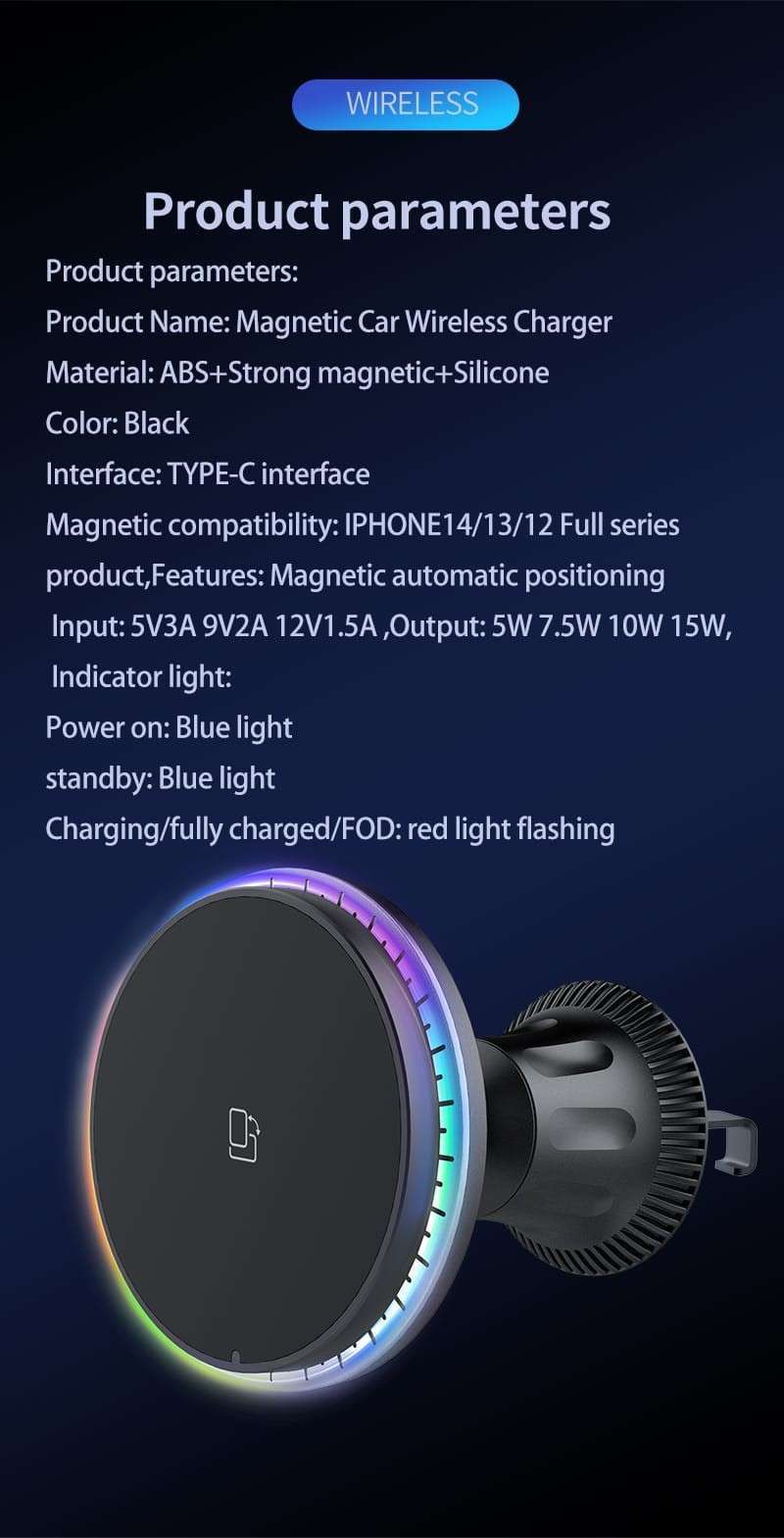 Magsafe Car Charger Magnetic Mount Fold Samsung iPhone Magnetic Wireless  Charger 15W Colorful Light