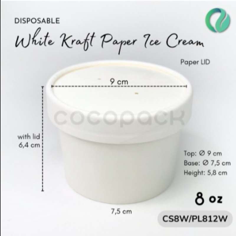Jual White Kraft Paper Cup Ice Cream Bowl + Paper Lid (25 Pcs) - 32oz ...