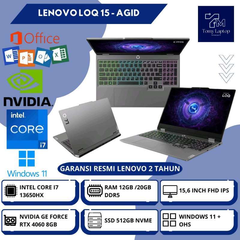 LAPTOP BARU LENOVO LOQ 15 INTEL CORE I7-13650HX NVIDIA RTX4060 8GB RAM  12/20GB DDR5 SSD 512GB NVME 15,6INCH FHD IPS 144HZ RGB GRY AGID
