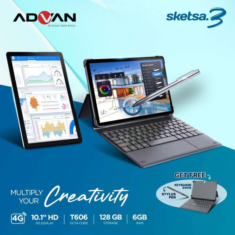Advan Tab Sketsa 3 dengan Layar 10.1 HD IPS, RAM 6GB, Memori 128GB, Dual SIM Android 13, Ideal untuk Desainer Digital, Dilengkapi Stylus dan Keyboard
