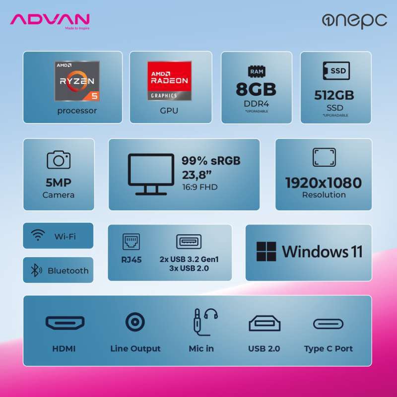 Promo All-in One Advan Onepc Ryzen 5 3500u 8gb Ssd 512gb 24 Fhd W11 ...