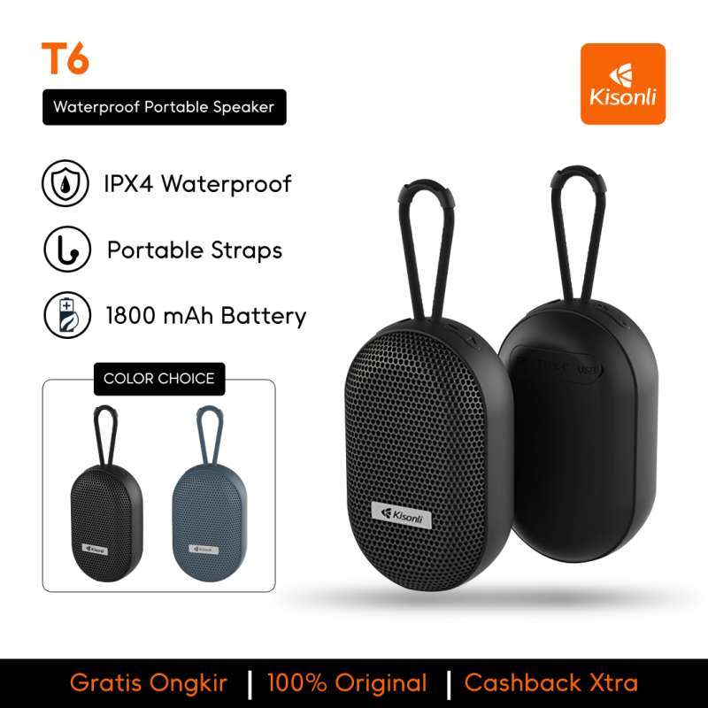 KISONLI T6 Mini Bluetooth Speaker dengan Waterproof IPX4 dan Baterai 1800mAh, Ukuran Kompak untuk Pemakaian Portabel dan Multifungsi. Ideal untuk Semua Kegiatan
