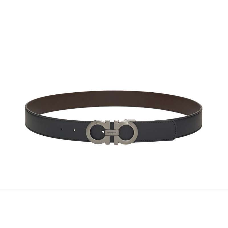 Ferragamo Gancini Reversible and Adjustable Leather Belt 35mm Black/Hickory  Rhw