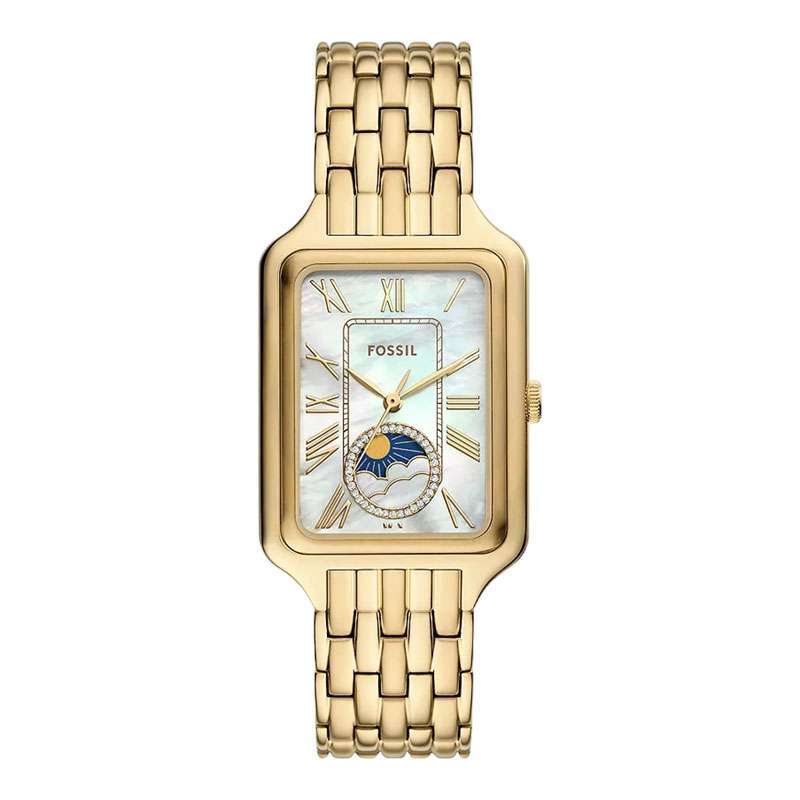 Jam Tangan Wanita Fossil Raquel ES5398 Ladies Sun Moon Mother Of Pearl Dial  Gold Stainless Steel Strap