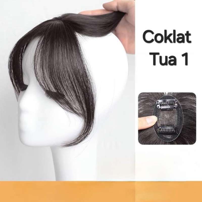 WIG TOUPEE REAL HUMAN HAIR TOUPEE RAMBUT ASLI 3D PENAMBAH VOLUME RAMBUT  KLIP PONI DEPAN BELAKANG PREMIUM Coklat Tua 2, HAIR SINTETIS