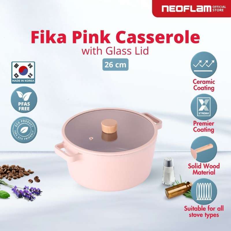 Neoflam FIKA Casserole Pan 26CM Pink With Glass Lid Panci Tutup Kaca Anti  Lengket Tahan Gores Ceramic Coating