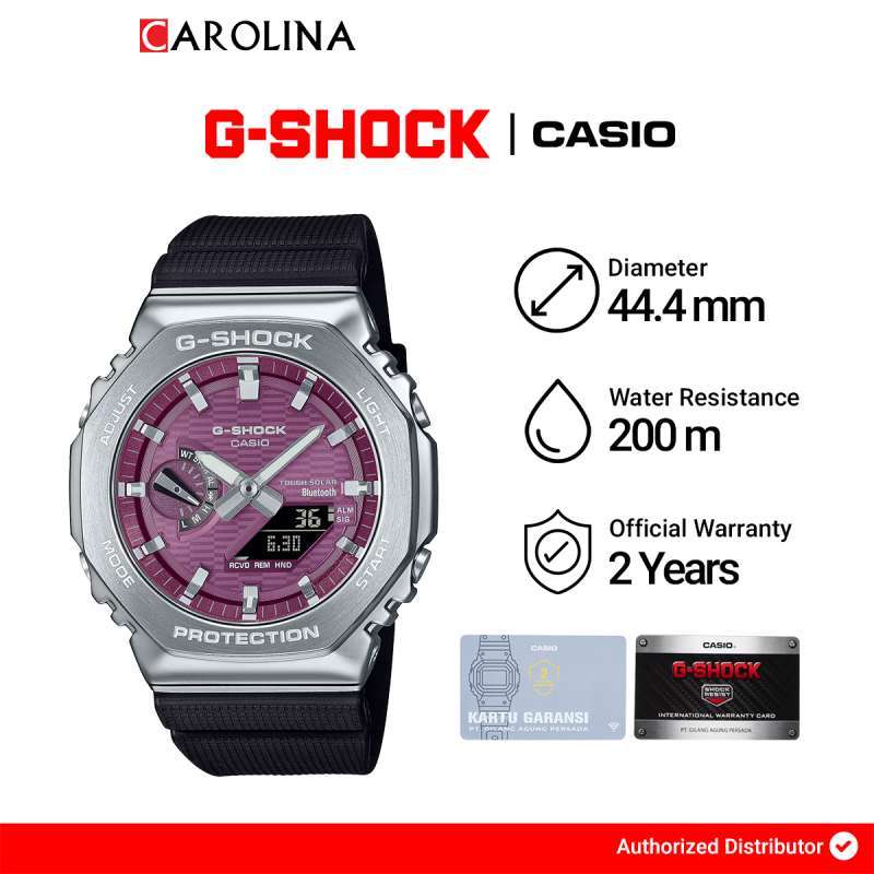 Jam Tangan Pria Casio G-Shock G-Steel GBM-2100A-4B bold metal bezel  Burgundy Dial and silvery Black Resin Band