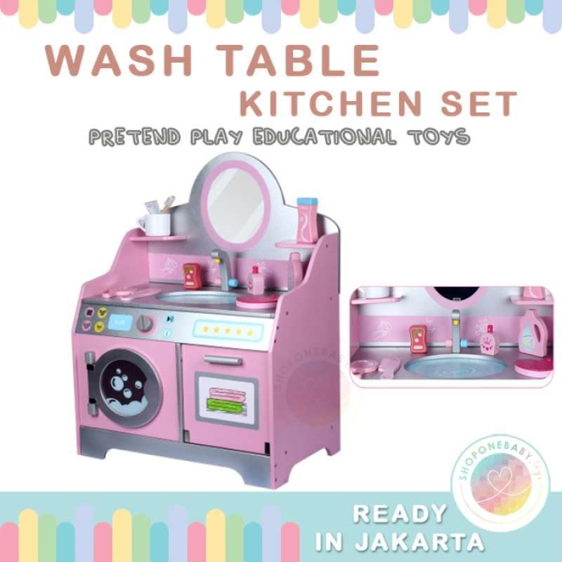 Promo Wash Table Pink Kitchen Set Wooden Toys Mainan Kayu Pretend Play