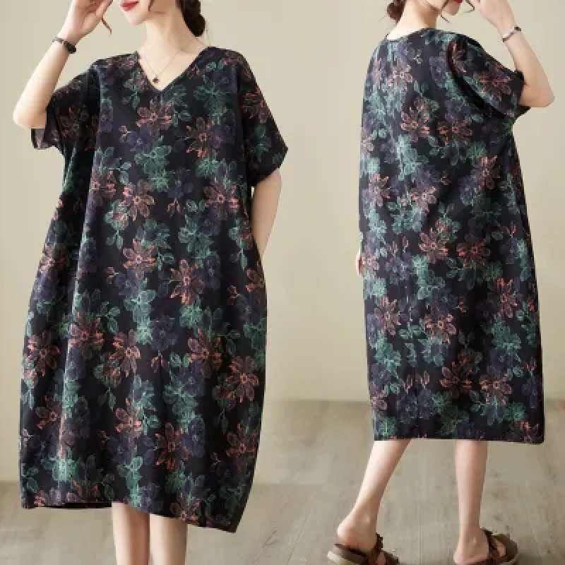 Promo Ukuran besar Wanita Gaun elemen vintage katun dan linen Korea