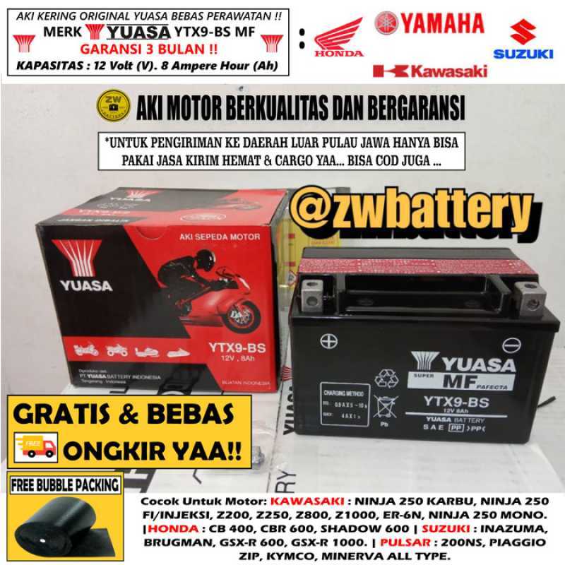 Jual Accu motor Yuasa YTX9-BS untuk kawasaki Ninja 250 GARANSI di