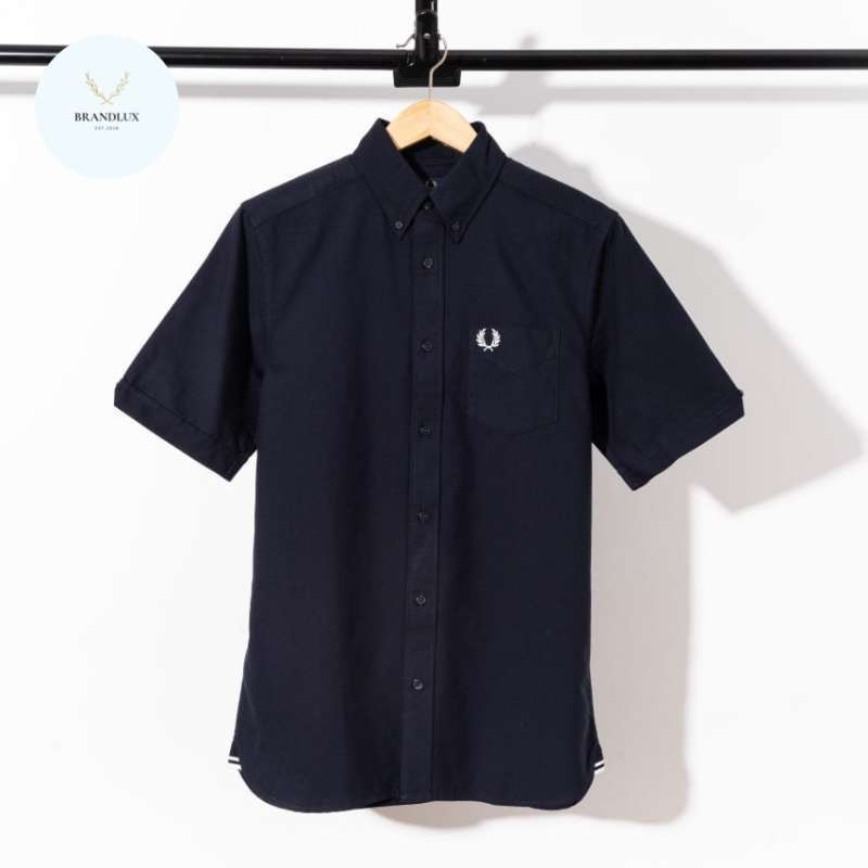 FRED PERRY Oxford short sleeve shirt Navy 100 Authentic