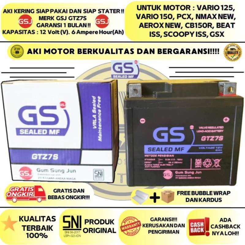 Promo Aki Motor Honda Vario 125,150 GS GTZ7S Aki Kering GARANSI Diskon
