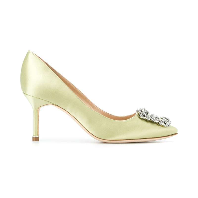 Manolo Blahnik Hangisi 70 Satin Pumps with CLC Crystal Buckle Light Green