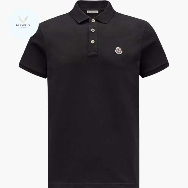 MONCLER Men Logo Patch Polo Shirt in Black Cotton 100% Authentic