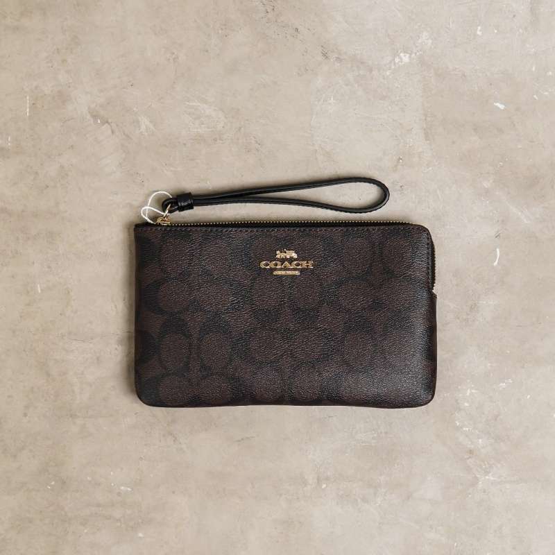 Tas COACH MONOGRAM DARK BROWN GHW ZIP MINI CLUTCH 100 ORIGINAL