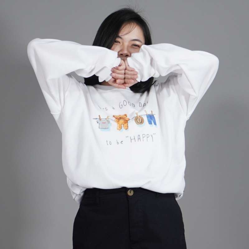 Okechuku HAPPY Sweater Anime Crewneck Sweater Wanita Sweater Putih Sweater  Hangat