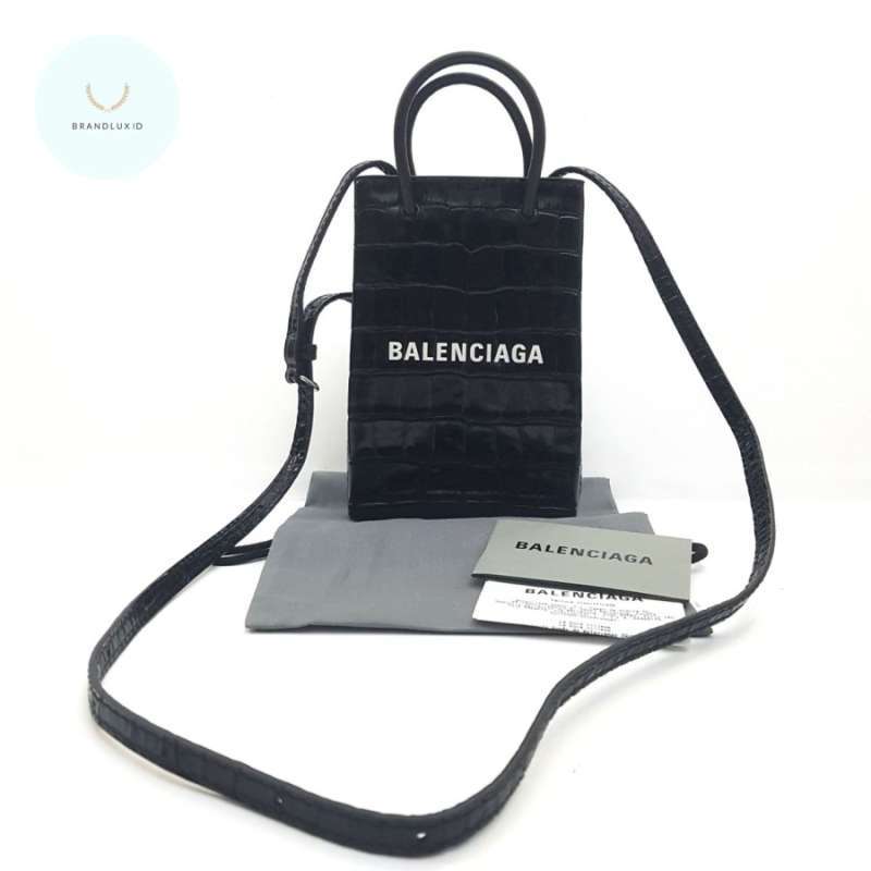 Balenciaga Shopping phone Tote magnet croco leather with longstrap Black